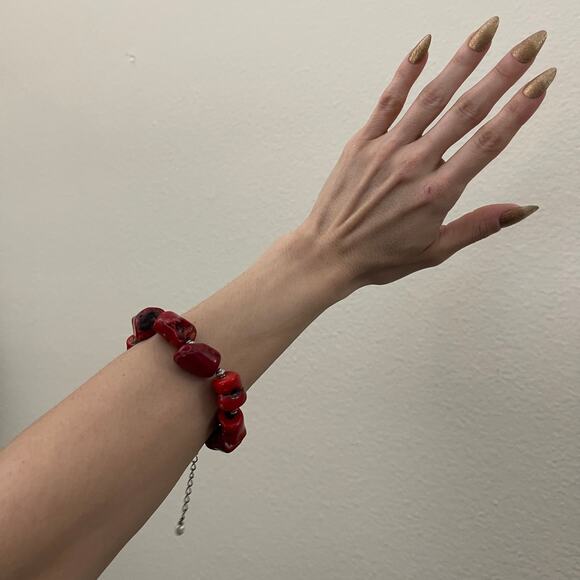 Vintage Y2K Chunky Natural Red Coral Bracelet Silver Tone Chain Pearl Adjustable - Picture 12 of 16